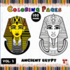 A colorful promotional image for an Ancient Egypt coloring book featuring two stylized illustrations of Egyptian figures. The left figure is colored in vibrant yellows and blacks, resembling a pharaoh, while the right figure is outlined in black, ready for coloring. The background is filled with colored pencils, and the text reads 'Ancient Egypt Coloring Pages Vol. 3 100 Pages'.