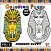 Cover of a coloring book featuring Ancient Egypt with two illustrated Egyptian figures, one in color and the other in outlined style, surrounded by colorful pencil graphics at the top and a bold title at the bottom reading 'Ancient Egypt Coloring Pages, Vol. 6'.