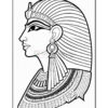 A black and white outline illustration of a profile view of a woman with long, straight hair, wearing an elaborate headdress and large earrings, adorned with detailed jewelry on her neck and shoulders, resembling ancient Egyptian artistic style.
