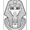A black and white illustration of a pharaoh's head, featuring a traditional headdress with a central ornament, large expressive eyes, and elaborate jewelry around the neck.