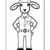 A cartoon sheep character standing upright, wearing a button-up shirt with rolled-up sleeves, jeans, and shoes, with its hands on its hips and a friendly expression. The sheep has a fluffy white woolly head and large ears.