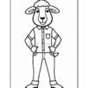 A cartoon sheep character standing confidently with its hands on its hips, wearing a button-up shirt and jeans, featuring a curly wool coat and a friendly facial expression, on a blank background.