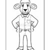 A cartoon sheep character standing with hands on hips, wearing a button-up shirt, jeans, and shoes, outlined in black and white for coloring.