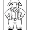 A cartoon sheep character standing with arms crossed, wearing a collared shirt, suspenders, and pants, with a fluffy head and friendly expression.