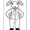 A cartoon sheep standing with hands on hips, wearing a button-up shirt with pockets, pants, and black shoes, outlined in black for coloring.