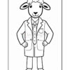 A cartoon sheep character wearing a lab coat and a tie, standing with hands on hips, featuring a curly fleece and a confident expression, outlined in black and white for coloring.