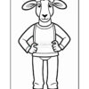 A cartoon sheep character standing upright, wearing a long-sleeve shirt and trousers, with suspenders and black shoes, hands on hips, in a simple black and white illustration suitable for coloring.