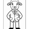 A cartoon sheep dressed in a white suit with a tie, standing confidently with its hands on its hips and a friendly expression.