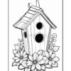 A black and white illustration of a birdhouse with a slanted roof and two circular entrances, surrounded by large flowers and leafy plants at the base.