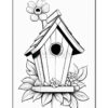 A black and white illustration of a birdhouse with a slanted roof, adorned with a large flower on top and surrounded by various plants and flowers.