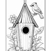 A black and white illustration of a birdhouse with a peaked roof, surrounded by flowers and leaves, and a blue jay perched on the side.
