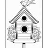 A black and white illustration of a birdhouse with two circular openings, topped by a small bird perched on the roof, surrounded by flowers on either side.