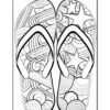 A black and white line drawing of a pair of flip-flops, featuring intricate patterns of swirls, circles, and stars on the soles.