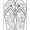 An outline illustration of flip-flops featuring intricate swirly designs on the footbed, surrounded by a simple rectangular border.