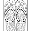 An outlined illustration of a pair of flip-flops with intricate bubble and floral patterns on the soles, set against a simple rectangular border.
