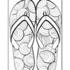 A black and white coloring page featuring a pair of flip-flops, decorated with swirling patterns inside the soles, outlined clearly against a white background.