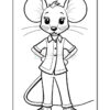 A cartoon mouse character with large ears, wearing a button-up shirt and pants, standing with hands on hips in a confident pose, outlined for coloring.