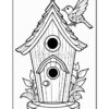 A black and white illustration of a birdhouse adorned with flowers, featuring an entrance hole and a small side knob, with a bird perched on the roof and surrounded by decorative plants.