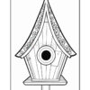 A black and white line drawing of a decorative birdhouse featuring a pointed roof adorned with flowers, a circular entrance hole, and a small perch, standing on a post.