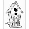 A black and white outline drawing of a birdhouse with a sloped roof, featuring two circular openings and decorative flowers on either side of a small door. A small bird sits beside the birdhouse.