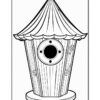A black and white illustration of a decorative birdhouse with a peaked roof, decorative flowers on the sides, and a circular entrance in the front.