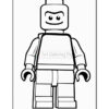 A line drawing of a LEGO minifigure, featuring a smiling face, a simple torso, and blocky limbs in a standing position, suitable for coloring.