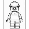 A black and white line drawing of a LEGO minifigure with a smile, wearing a striped shirt and a hat, standing with its arms slightly raised.