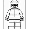 A black and white outline drawing of a LEGO-style toy figure, featuring a helmet, facial features with a determined expression, and a simplified body with articulated limbs.
