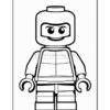 A black and white outline drawing of a classic LEGO minifigure, featuring a round head, a smiling face, and a torso with an abstract clothing design; arms are outstretched, and the figure stands on a rectangular base.