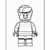 A black and white line drawing of a smiling Lego figure with curly hair, wearing a striped shirt and shorts, standing in a neutral pose on a blank background.
