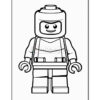 A black and white illustration of a LEGO minifigure standing upright, featuring a smiling face, a helmet, and a simple outfit with suspenders, designed for coloring.