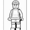 A black and white outline drawing of a Lego minifigure with a smiling face, wearing a cap, a shirt with buttons, and simple pants. The figure is standing with one hand held slightly forward.
