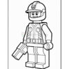 A black and white outline drawing of a LEGO-style construction worker figure, wearing a helmet and holding a tool in one hand, with a cheerful expression and detailed features on the uniform.