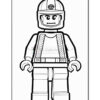 A black and white illustration of a LEGO-style minifigure with a smiling face, wearing a helmet and overalls with vertical stripes.