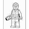 A black and white outline of a LEGO-style construction worker figure, wearing a helmet and a safety vest with pockets, holding a tool in one hand and smiling.