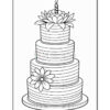A three-tiered birthday cake illustration, decorated with a flower and a candle on top, featuring horizontal stripes on each tier and a flower design on the second tier.
