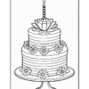 A three-tiered birthday cake with decorative flowers and a single candle on top, placed on a cake stand. The cake is outlined for coloring.