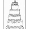 A three-tiered birthday cake decorated with flowers and topped with a candle. The cake features scalloped edges and is designed for coloring.