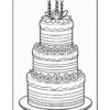 A three-tiered birthday cake with decorative flowers and three candles on top, outlined for coloring.