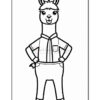 A cartoon llama standing upright with its arms crossed, wearing a collared shirt and pants. It has a friendly expression and is outlined for coloring.