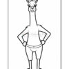 A cartoon llama standing with hands on hips, wearing shorts, featuring a cartoonish facial expression and prominent ears. The image is outlined in black on a white background, intended for coloring.