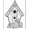 A stylized, black and white illustration of a birdhouse adorned with flowers, featuring two circular openings and a small bird perched near the entrance.