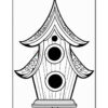 A stylized birdhouse with a sloped, decorative roof, two circular entrances, and floral patterns along the edges, outlined in black on a white background, intended for coloring.
