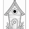 A simple cartoon-style birdhouse with a pointed roof, round window, and a decorative flower around the window, surrounded by flowers and leaves at the base.