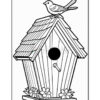 A black and white line drawing of a birdhouse with a bird perched on its roof, featuring a round entrance hole and ornate flowers at the base.