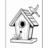 A black and white illustration of a birdhouse with a sloped roof, featuring a small hole for birds, and a bird perched on top. There are decorative leaves at the base of the birdhouse.