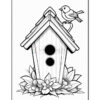A black and white illustration of a birdhouse with a small bird perched on its roof, accompanied by floral elements at the base of the house. The birdhouse features two circular holes.