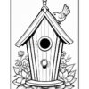 A simple line drawing of a birdhouse with a pointed roof, featuring a small bird perched on top, surrounded by flowers and foliage at the base.
