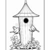 A black and white outline illustration of a birdhouse with a pointed roof and a circular entrance, surrounded by various flowers and two small birds perched nearby.