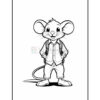 A cartoon mouse wearing a backpack and casual clothing, standing with its hands on its hips and smiling. The style is outlined for coloring, and the mouse has large ears and a long tail.